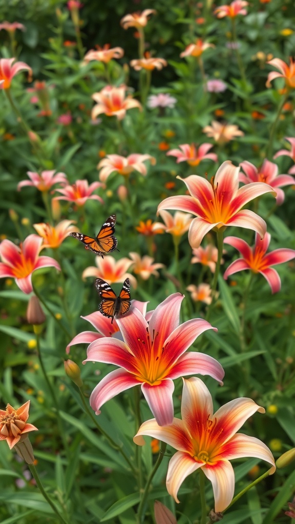 A vibrant garden filled with butterfly lilies and butterflies fluttering around.