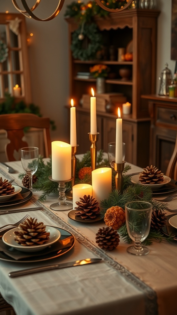 A beautifully set dining table for fall, featuring candles, pinecones, and greenery.