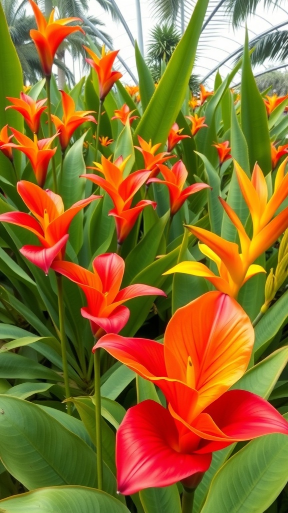 Vibrant canna lilies in orange and red bloom surrounded by lush green leaves.