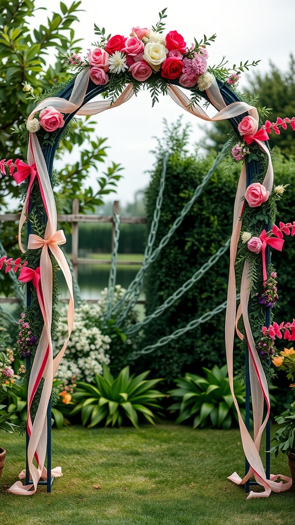 A beautifully decorated arch with pink and red roses, greenery, and ribbons in a garden setting.