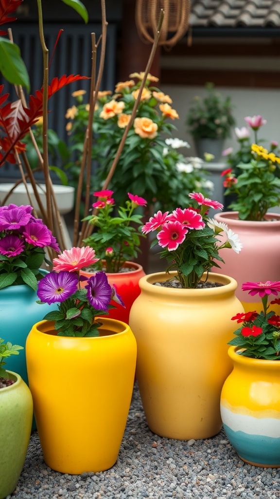 Colorful ceramic planters filled with flowers in a small Japanese garden.