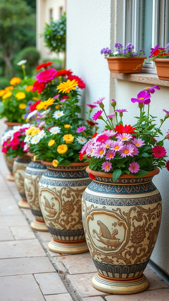 Row of ceramic pots with intricate patterns filled with colorful flowers.