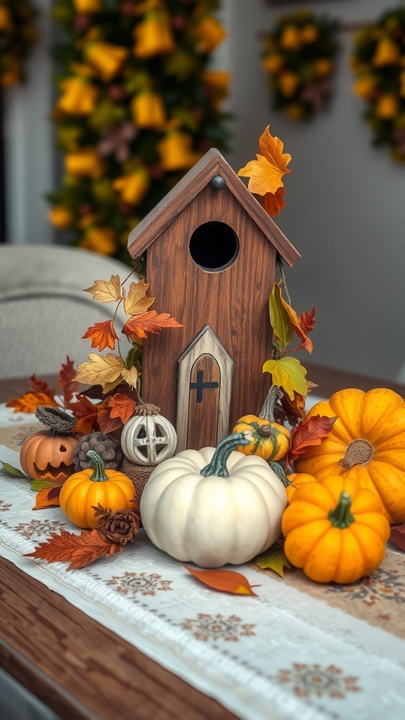 A wooden birdhouse surrounded by colorful autumn leaves and pumpkins on a dining table.