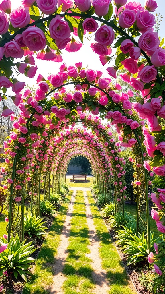 A pathway lined with floral arches made of pink roses, leading to a bench in a garden.