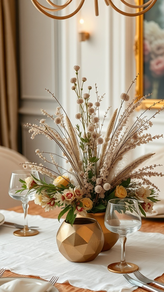 A chic dining table centerpiece featuring a geometric gold vase filled with dried flowers and grasses, set against a soft tablecloth.