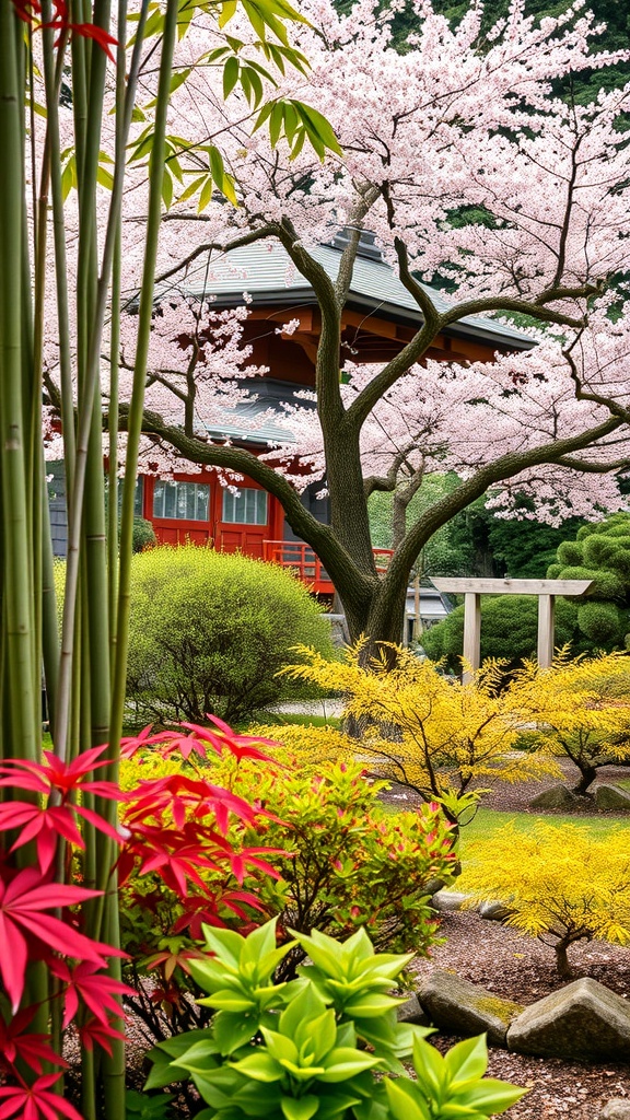 A modern Japanese garden featuring cherry blossoms, bamboo, and colorful shrubs.