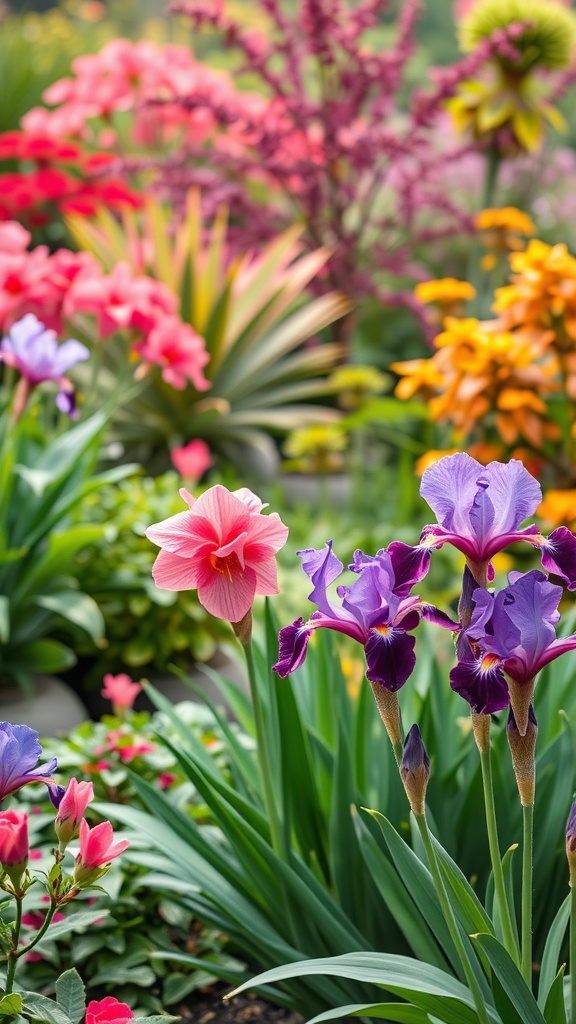 A vibrant modern Japanese garden featuring pink lilies, purple irises, and yellow flowers among lush green foliage.