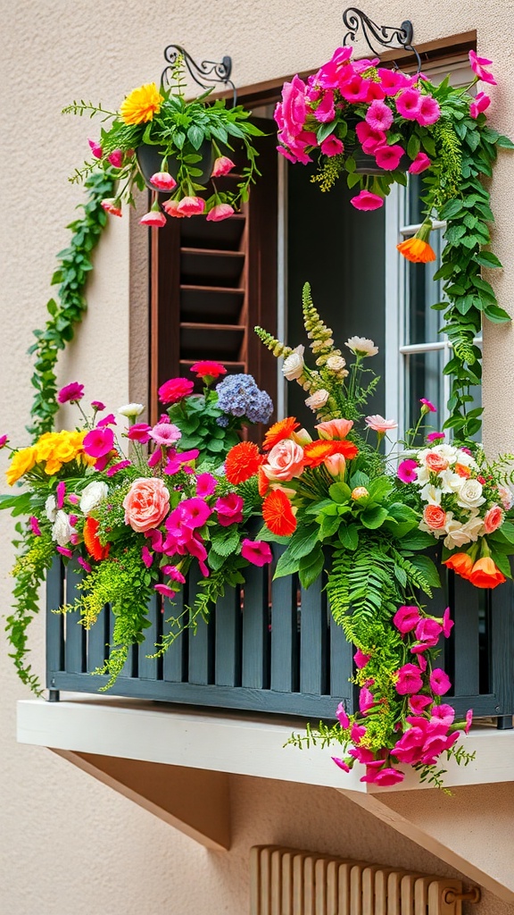 A colorful balcony garden filled with various flowers and greenery.
