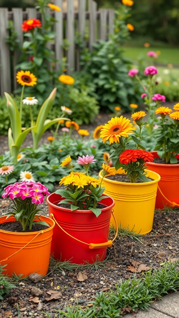 Colorful bucket planters with flowers in a garden setting