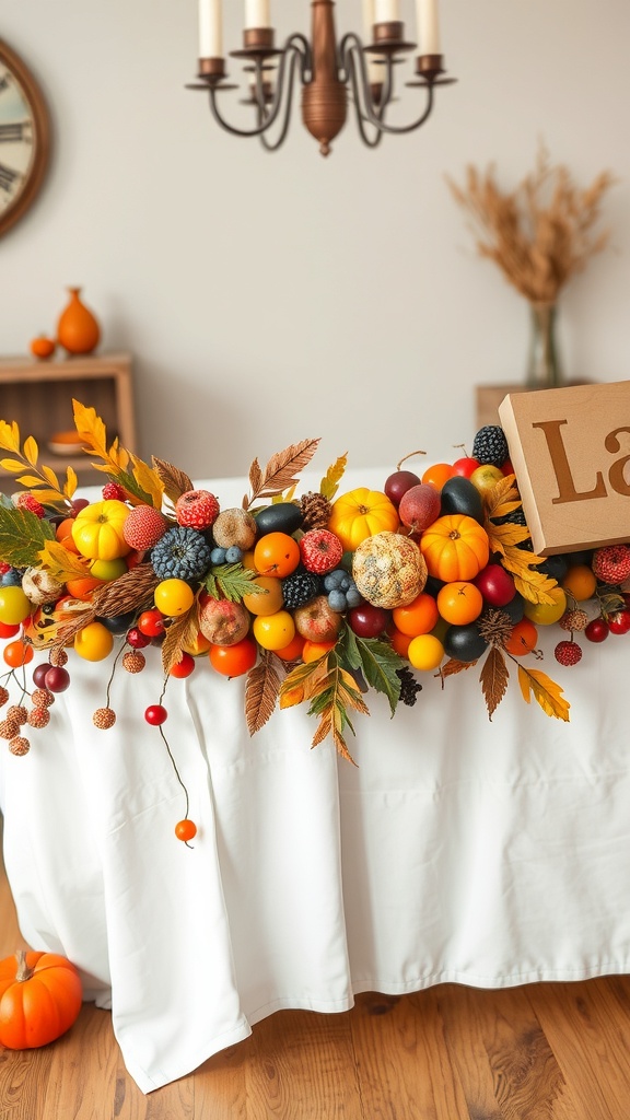 A colorful fall fruit garland centerpiece on a dining table with pumpkins and leaves.