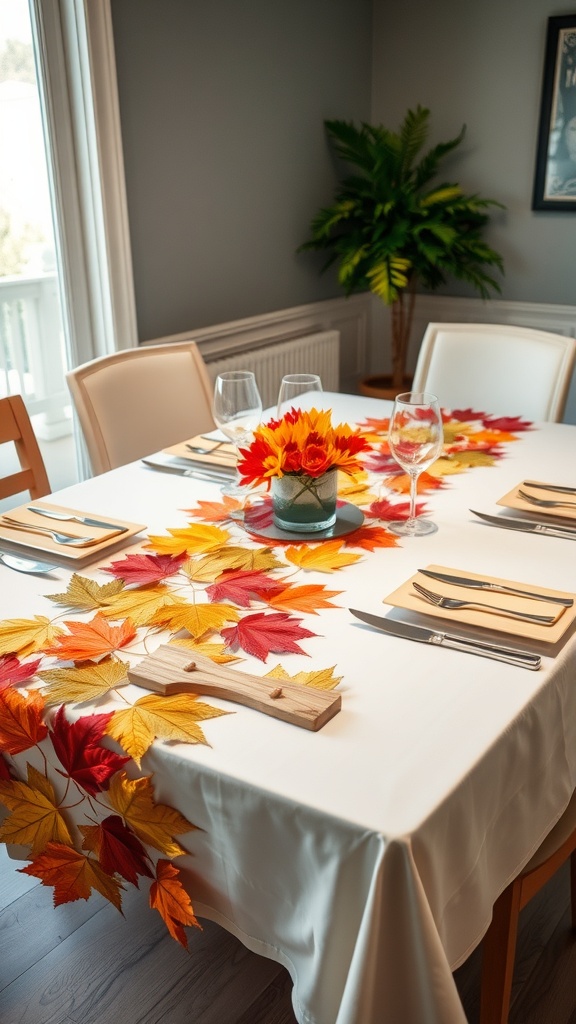 A dining table decorated with a colorful maple leaf table runner, featuring a wooden centerpiece and elegant glassware.