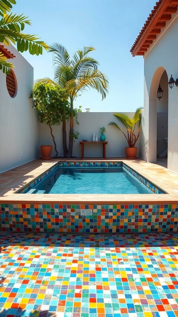 A colorful mosaic tiled plunge pool surrounded by greenery and a patterned floor.