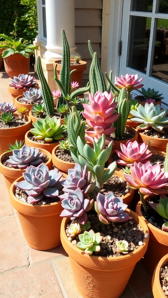 Colorful arrangement of succulents in terracotta pots