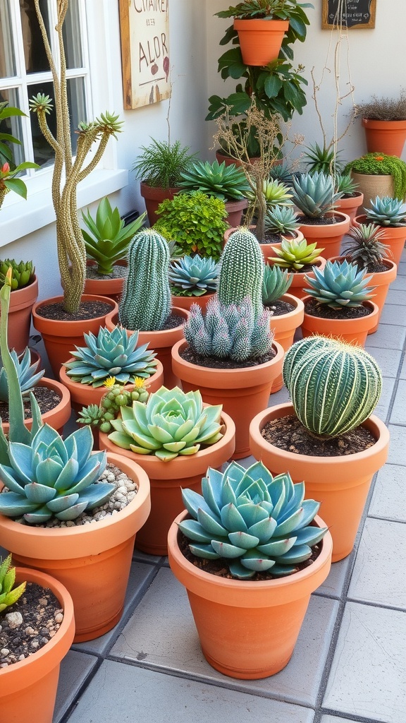 Colorful succulent arrangements in terracotta pots