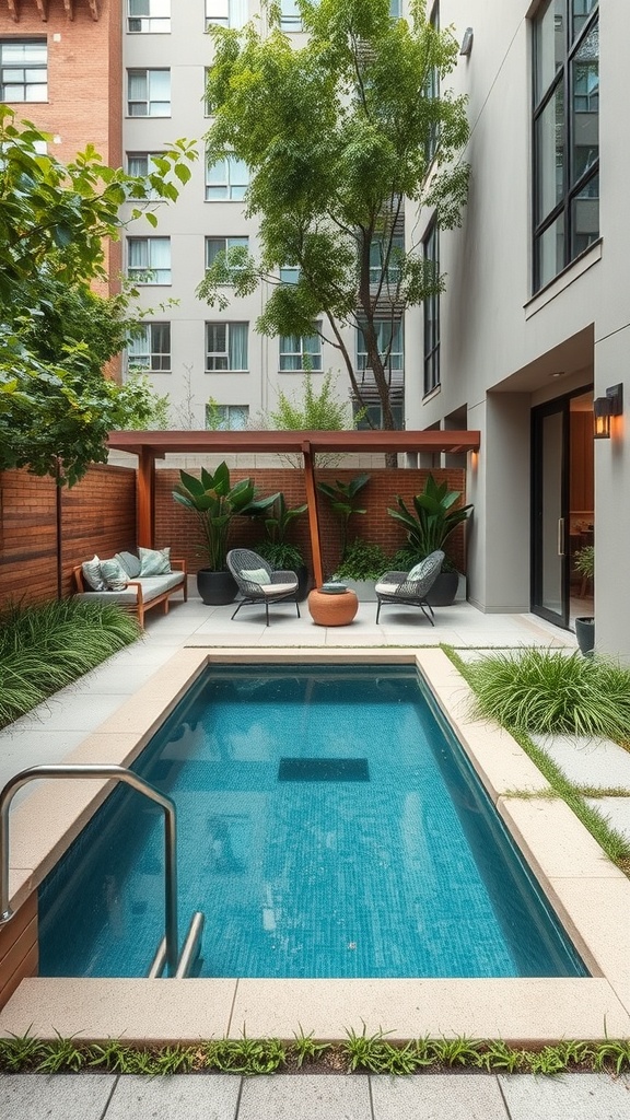 A compact urban plunge pool surrounded by greenery and modern seating.