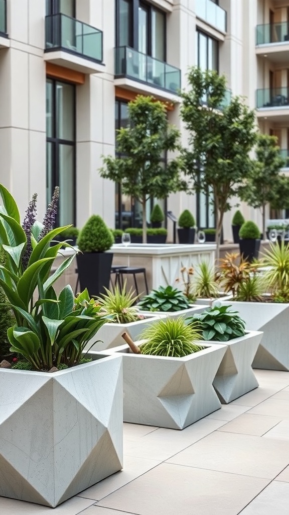 Row of modern concrete planters with various plants in a contemporary outdoor setting.