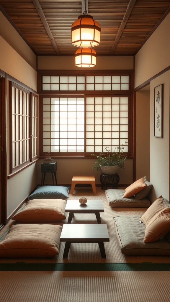 A cozy Japanese living room nook with floor cushions and a low table.