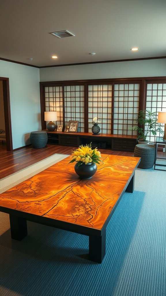 A beautifully crafted Kintsugi table with a vibrant wooden surface, surrounded by a minimalist Japanese living room setting.