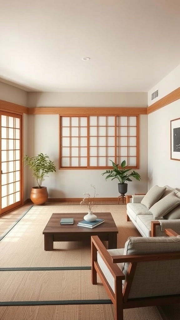 A serene Japanese living room with neutral tones, wooden accents, and plants.