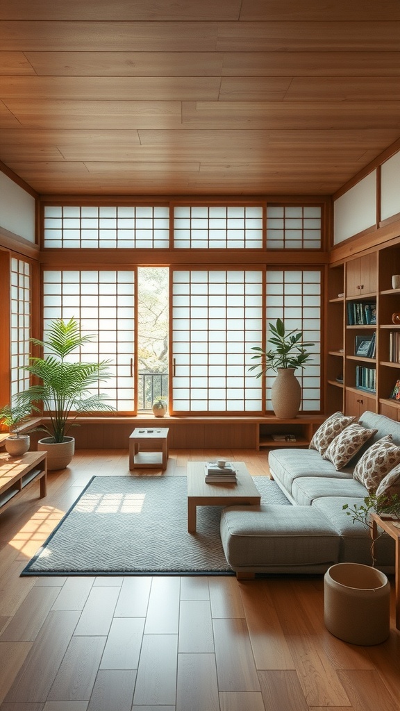 A serene Japanese living room with wooden elements, large windows, and a cozy seating area.
