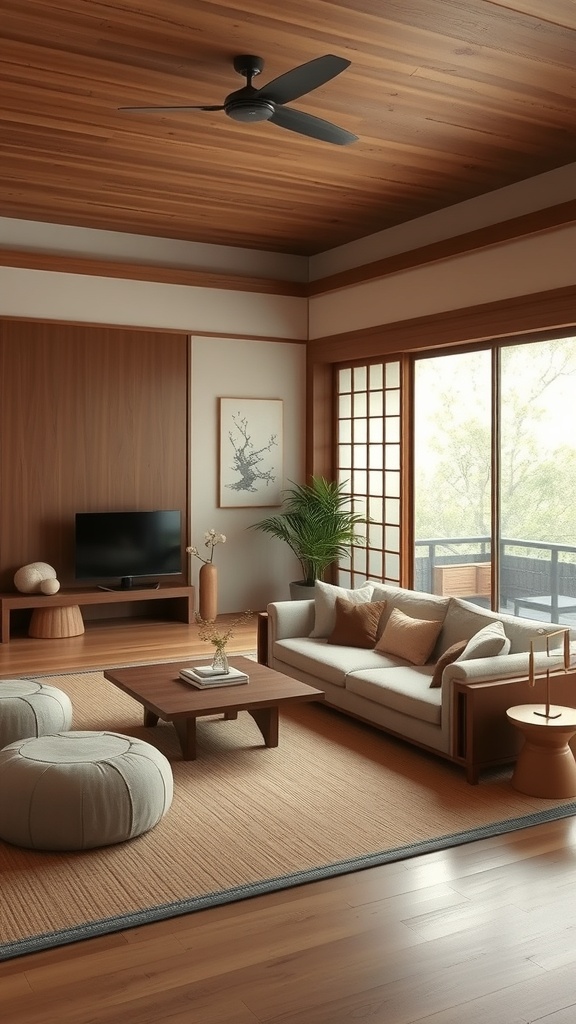 A serene Japanese living room with wooden ceiling, soft seating, and natural light.