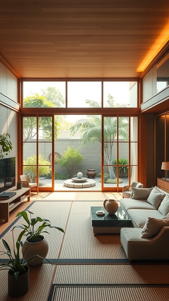 A modern Japanese living room with large windows, a cozy sofa, and a view of a serene garden.