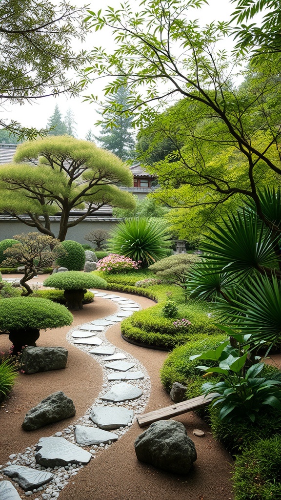 A modern Japanese garden featuring a winding stone pathway surrounded by lush greenery and carefully arranged plants.