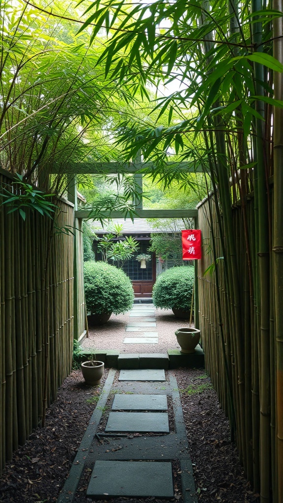 A serene pathway in a Japanese courtyard garden, lined with bamboo and stone.