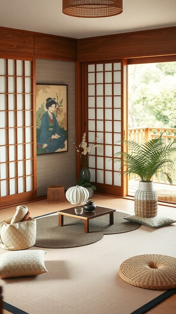 A cozy Japanese living room tea corner with a low wooden table, cushions, and a potted plant.