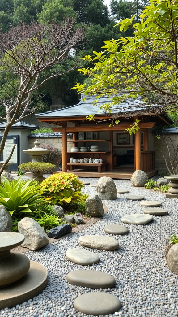 A serene tea garden featuring a traditional tea house, stepping stones, and lush greenery.