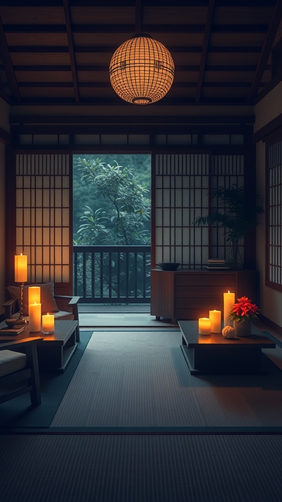 A Japanese living room with candles providing warm light, traditional decor, and a serene atmosphere.