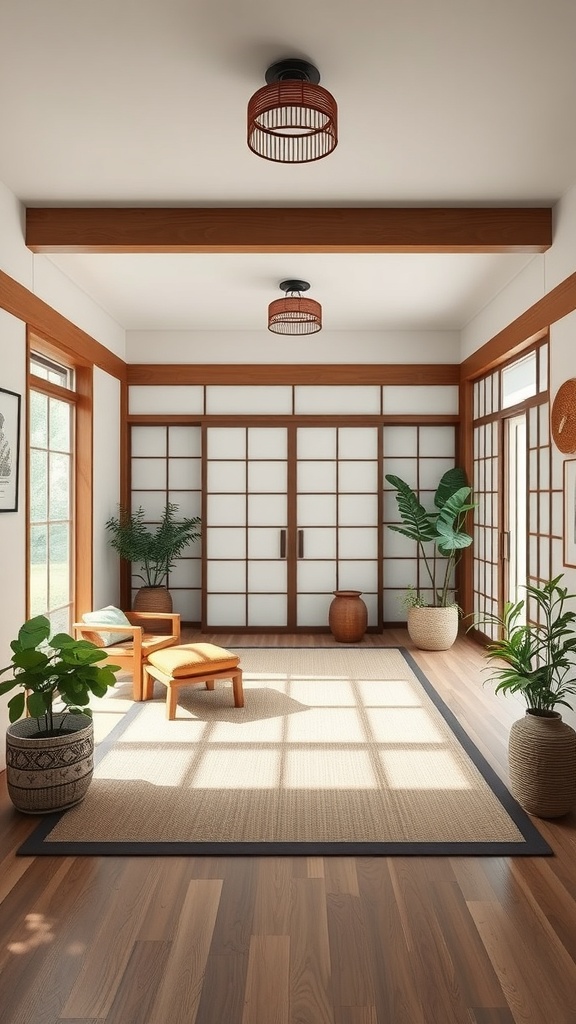 A bright Japanese-inspired entryway with wooden beams, shoji screens, a comfortable chair, and potted plants.