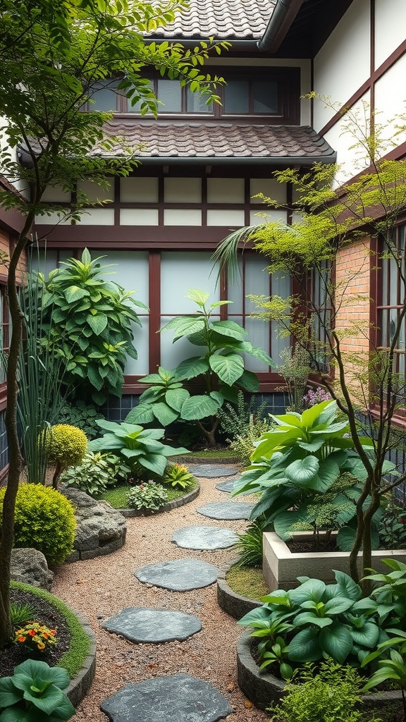 A serene Japanese courtyard garden featuring lush greenery and stepping stones.