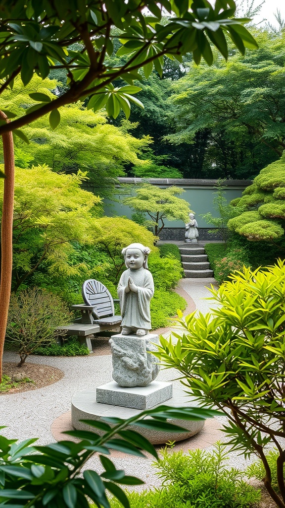 A serene Japanese courtyard garden featuring a statue surrounded by lush greenery.