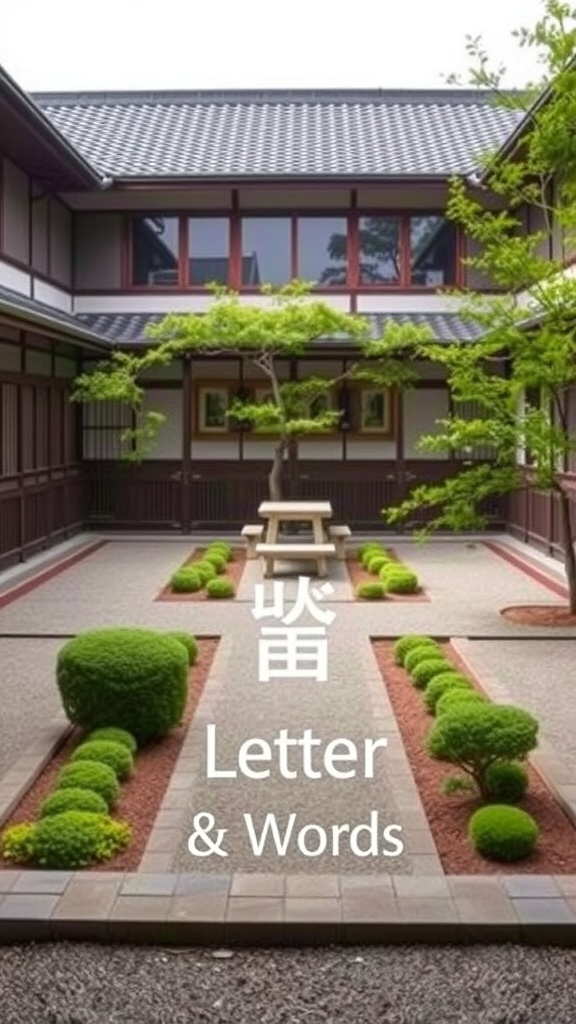 A Japanese courtyard garden featuring symmetrical design with trimmed shrubs and stone pathways.
