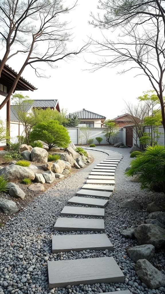 A winding stone pathway in a modern Japanese garden, surrounded by greenery and rocks.