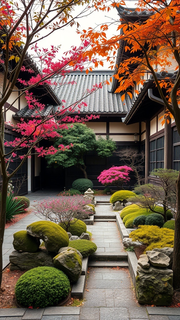 A serene Japanese courtyard garden showcasing vibrant autumn foliage and lush greenery.
