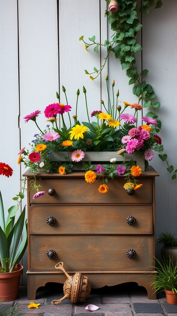 A vintage dresser with colorful flowers planted in its drawers, set against a white wall.