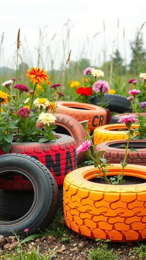 Colorful old tires used as planters filled with flowers in a garden