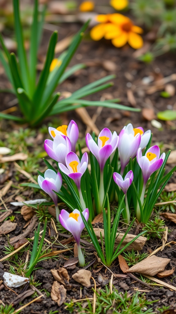A cluster of purple and white crocus flowers blooming in a garden, surrounded by green grass and other plants.