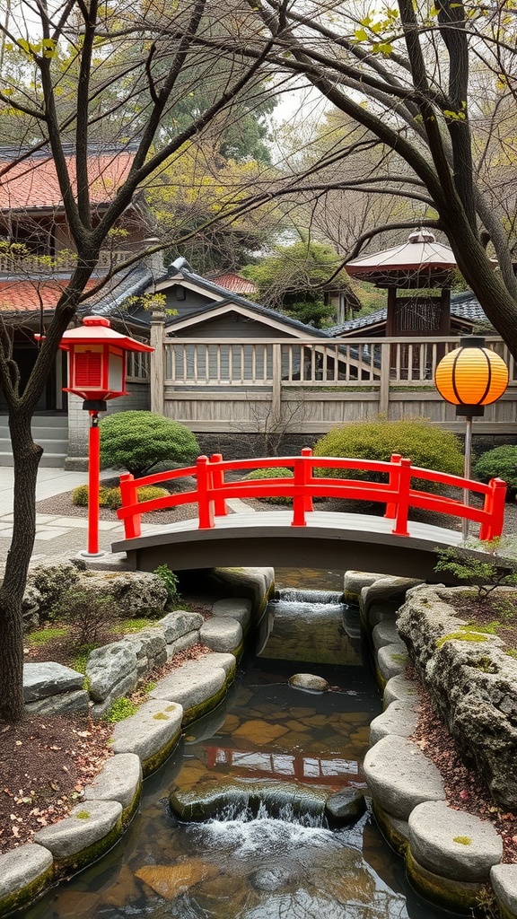 A small Japanese garden featuring a red bridge over a stream, traditional lanterns, and lush greenery.