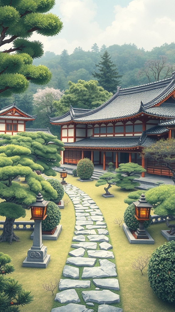 A modern Japanese garden featuring a stone path, traditional architecture, and lush greenery.