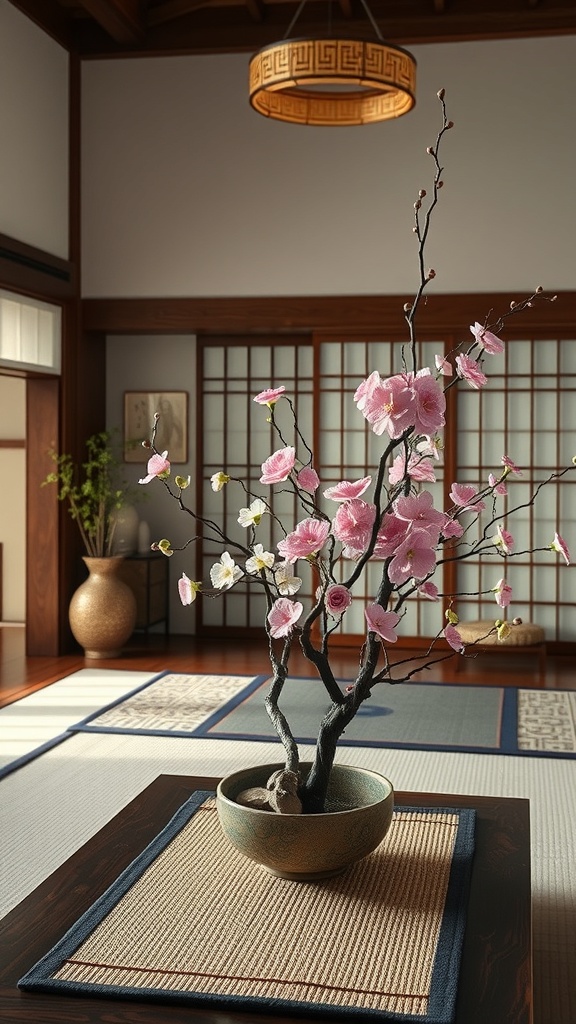 Ikebana flower arrangement in a Japanese living room, featuring pink and white blossoms on a branch in a decorative pot.