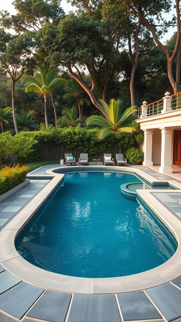 A custom-shaped luxury pool surrounded by lush greenery and palm trees.