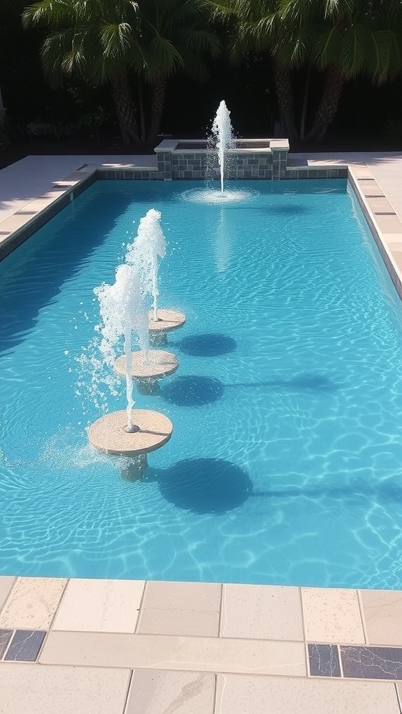 A luxurious pool featuring custom water fountains and circular platforms.