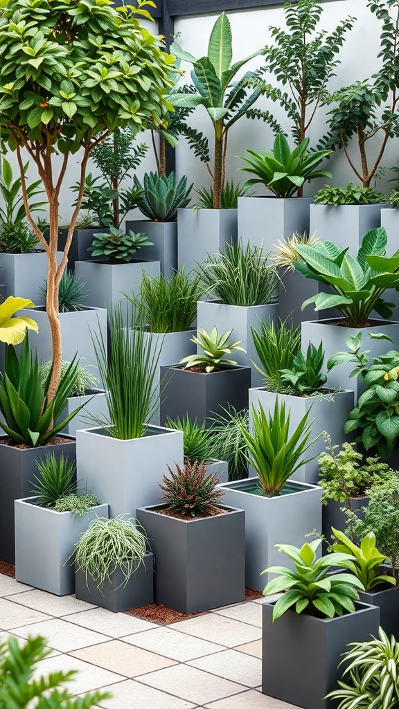 A collection of customizable modular planters filled with various plants, showcasing a modern garden design.
