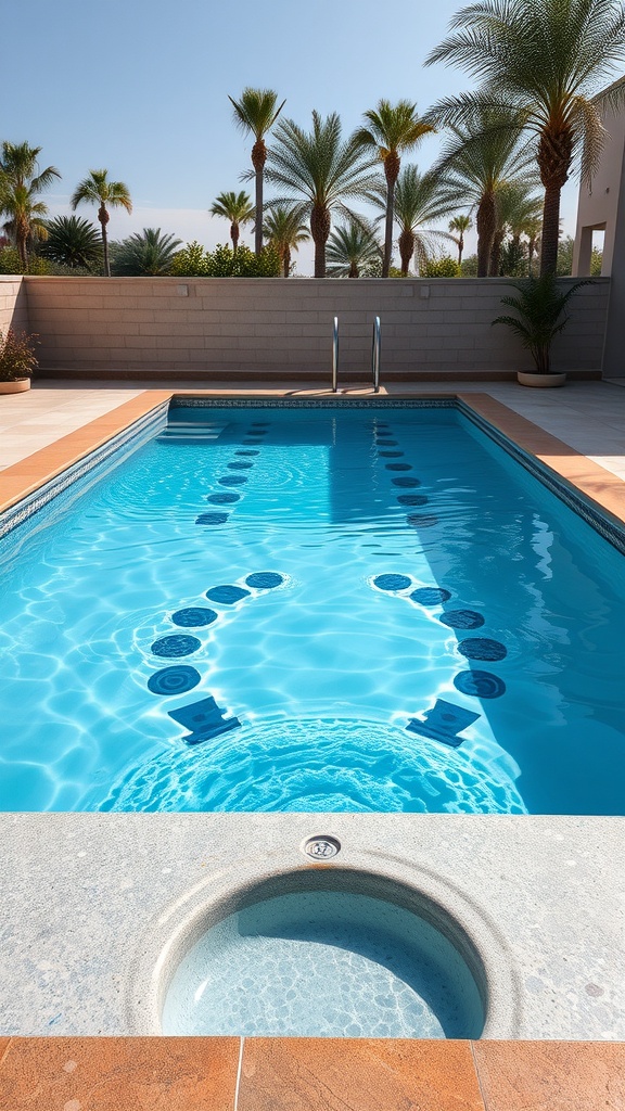 A modern swimming pool with clear blue water, surrounded by palm trees and featuring a circular spa.