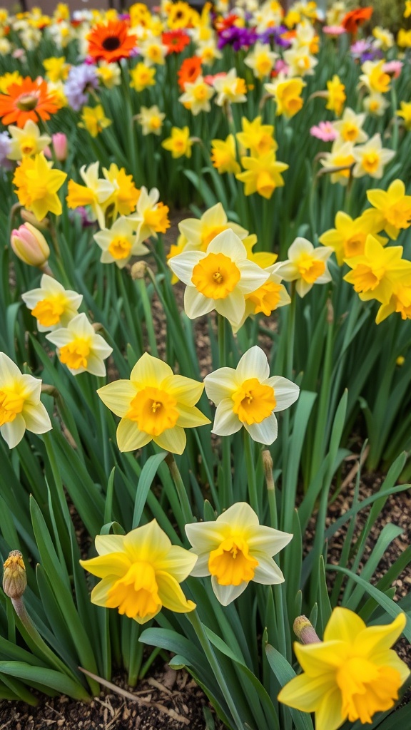 A vibrant field of blooming daffodils in various shades of yellow and white, surrounded by other colorful flowers.