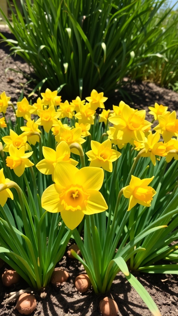 A vibrant patch of yellow daffodils blooming in a garden with green leaves and visible bulbs in the soil.