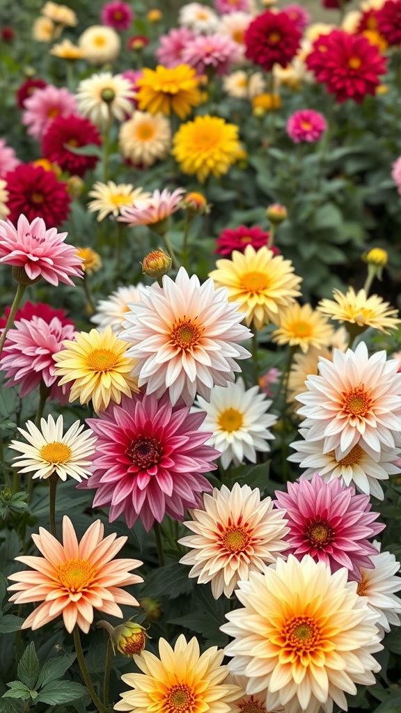 A vibrant display of colorful dahlia flowers in various shades.